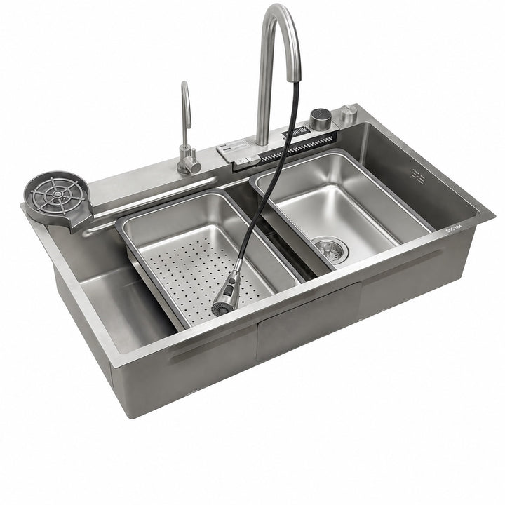 Silver Waterfall Workstation Kitchen Sink with Digital Display and Pull-Out Faucet - Modura Sinks