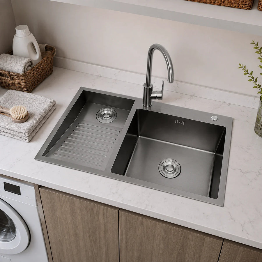 Washboard Laundry Utility Sink with Built-In Drainboard