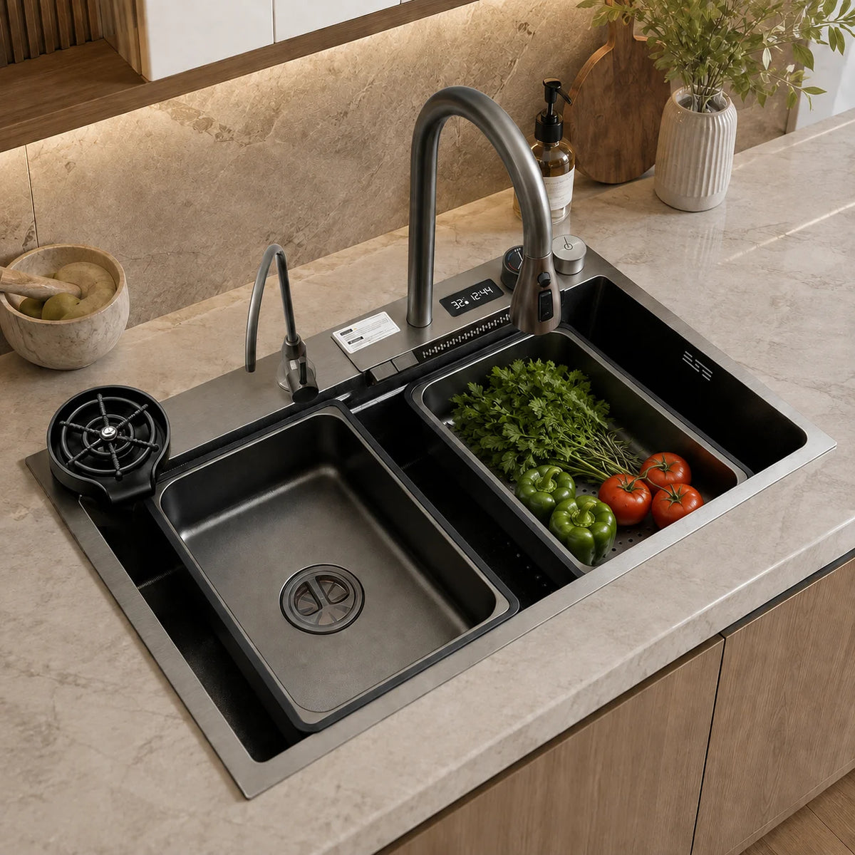 Waterfall Workstation Kitchen Sink with Digital Display & Pull-Out Faucet