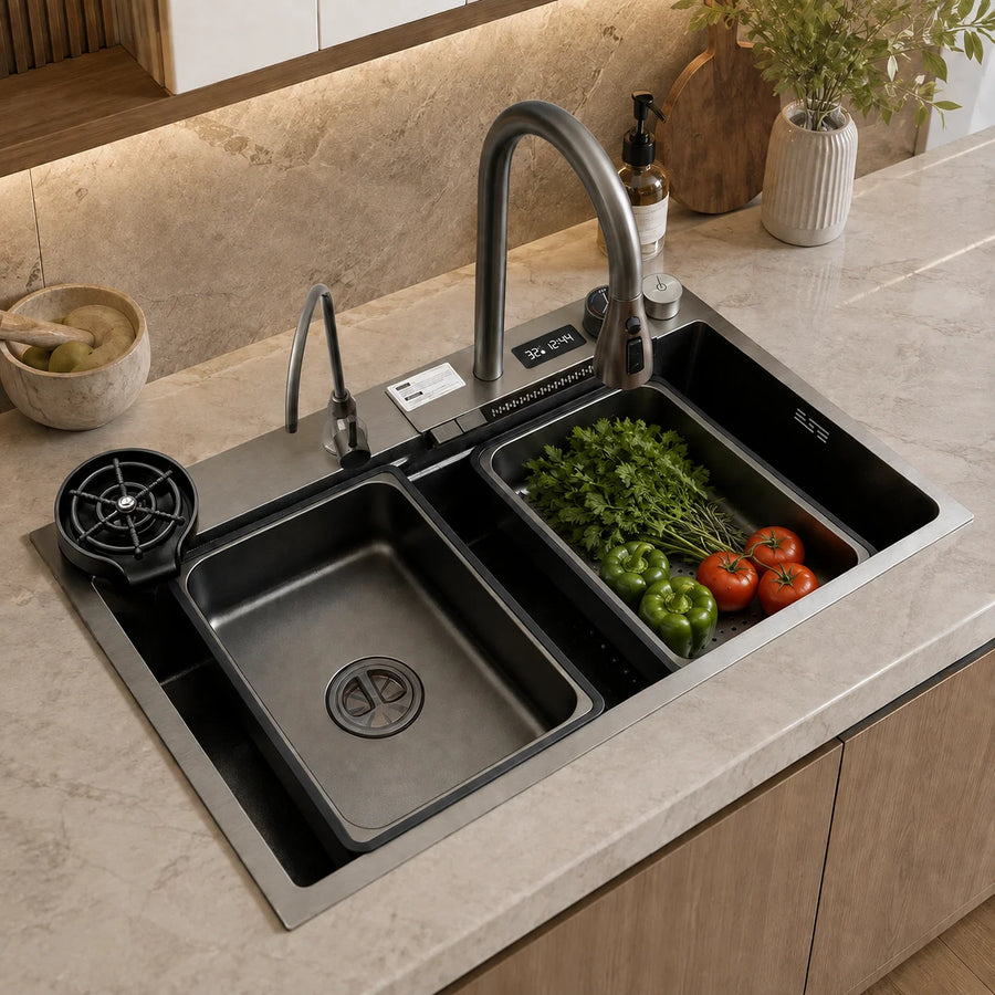 Waterfall Workstation Kitchen Sink with Digital Display & Pull-Out Faucet