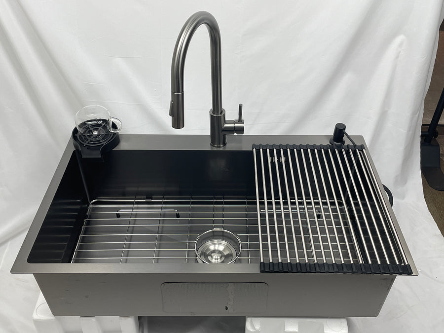 Black Kitchen Sink with Faucet, Cup Rinser & Soap Dispenser