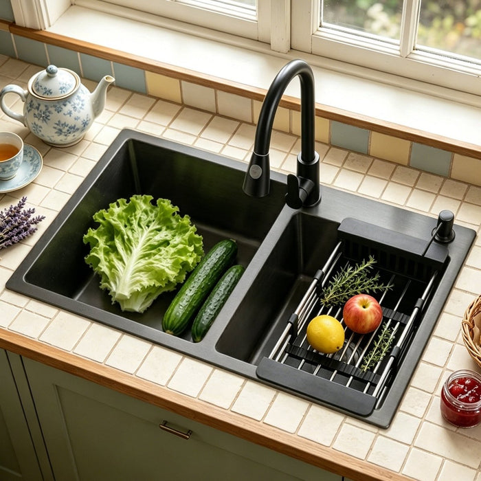 Black Double Bowl Kitchen Sink - Modura Sinks