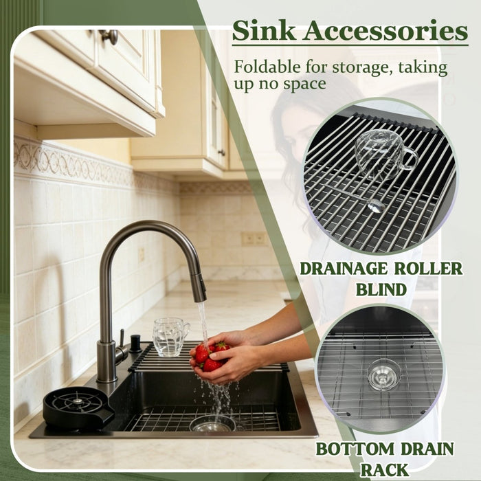 Black Kitchen Sink with Faucet, Cup Rinser & Soap Dispenser - Modura Sinks