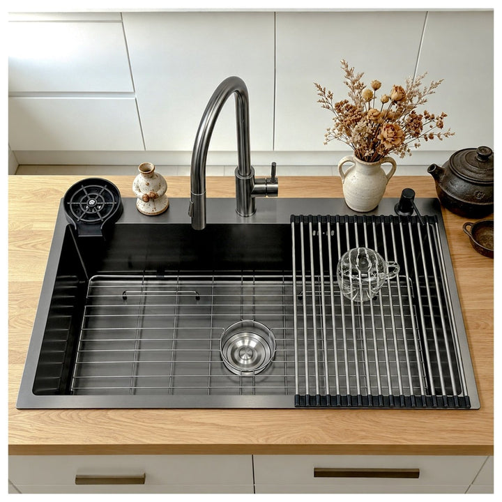 Black Kitchen Sink with Faucet, Cup Rinser & Soap Dispenser - Modura Sinks