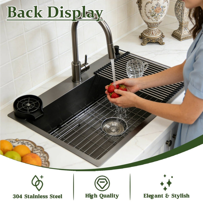 Black Kitchen Sink with Faucet, Cup Rinser & Soap Dispenser - Modura Sinks