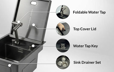 Cover Plate Sink with Folding Faucet features Foldable Water Tap, Top Cover Lid, Water Tap Key, and Sink Drainer Set.