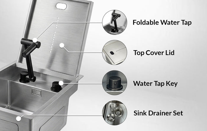 Cover Plate Sink with Folding Faucet features including foldable water tap, top cover lid, water tap key, and sink drainer set.