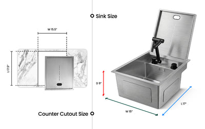 Cover Plate Sink with Folding Faucet dimensions and counter cutout size illustration.