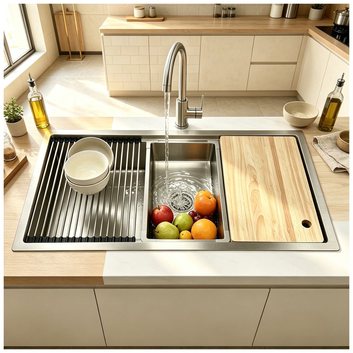 Kitchen Sink, Textured Stainless Steel – Colander & Rack Included - Modura Sinks