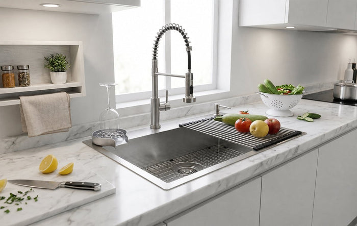 Silver Kitchen Sink with Faucet & Glass Rinser - Modura Sinks