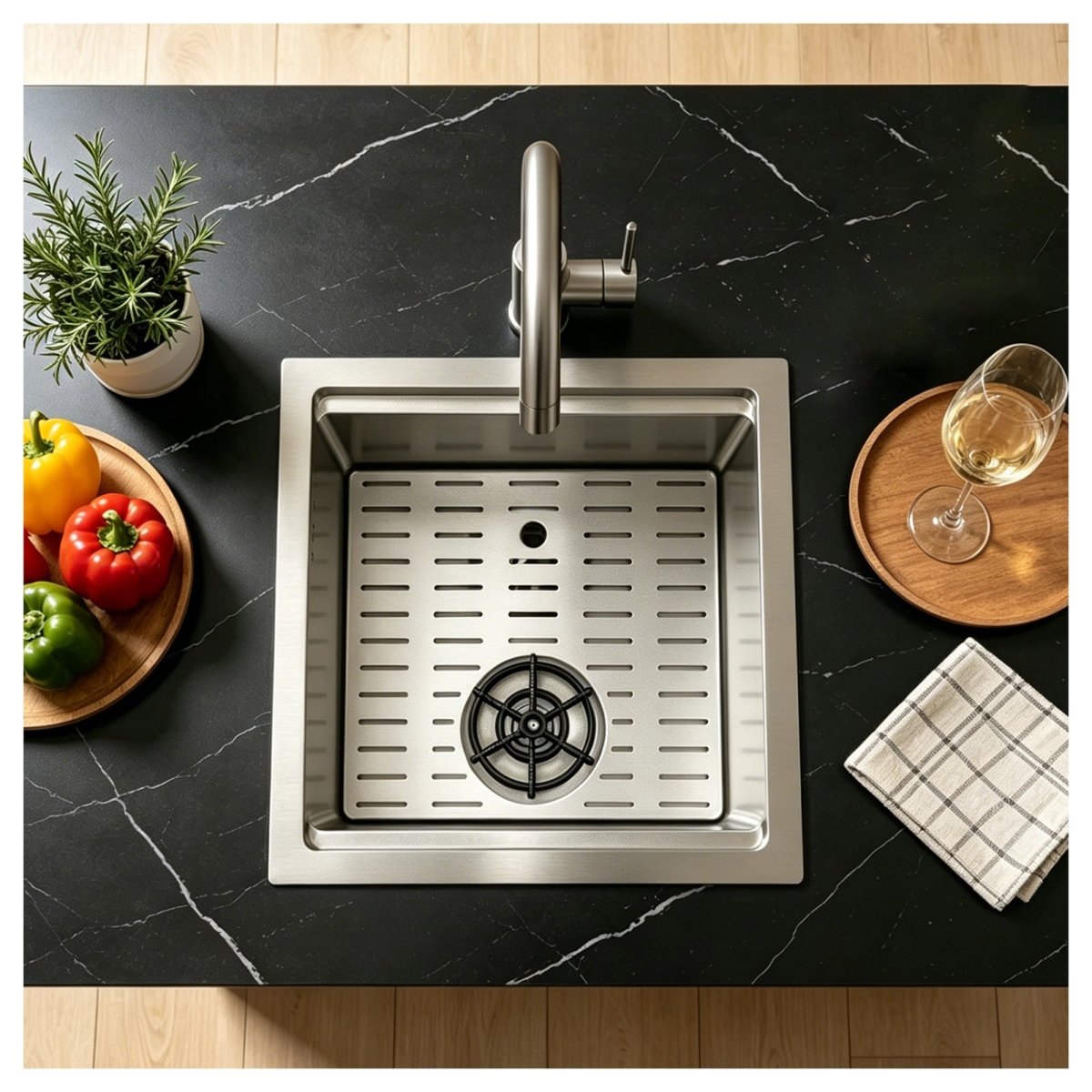 Silver Square Sink with Cup Rinser - Modura Sinks