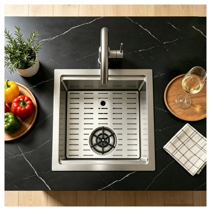 Silver Square Sink with Cup Rinser - Modura Sinks