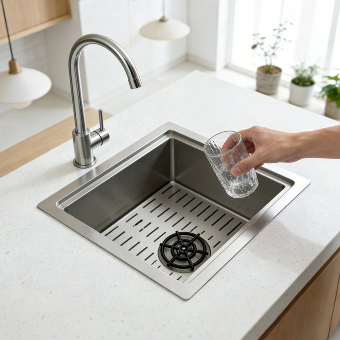 Square Kitchen Sink 15 inch Silver with Cup Rinser - Modura Sinks