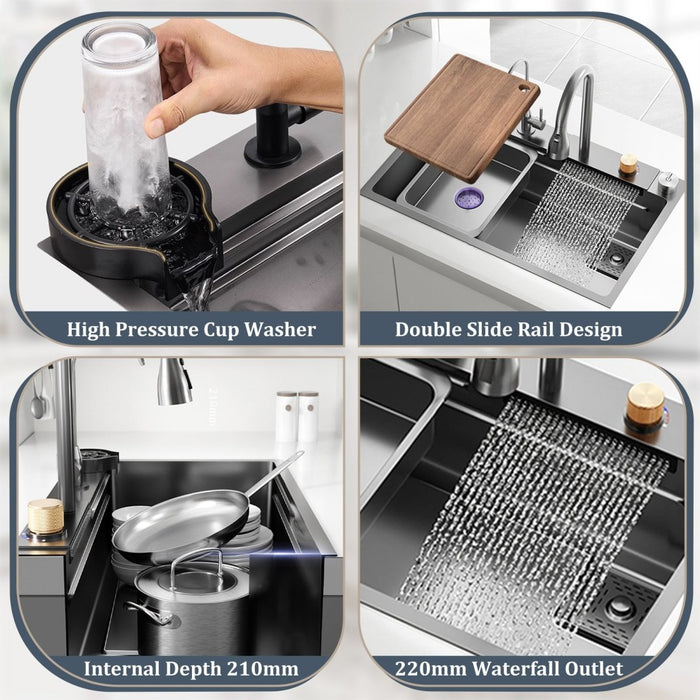 Waterfall Workstation Kitchen Sink with Digital Display & Pull-Out Faucet - Modura Sinks