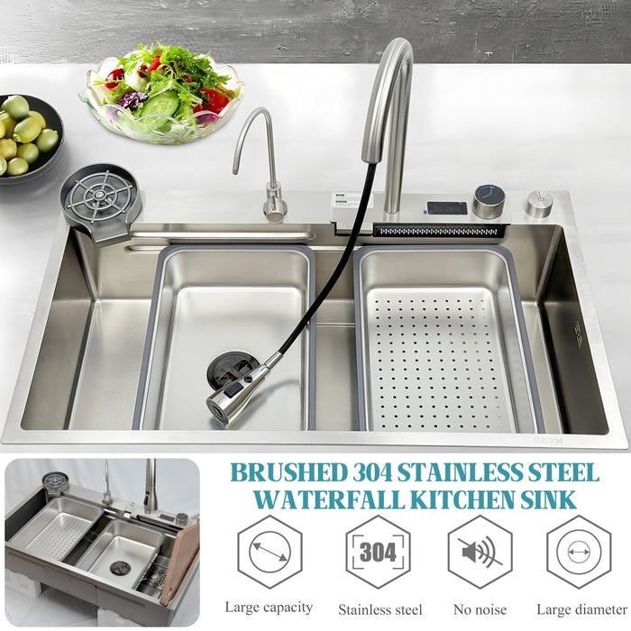 Waterfall Workstation Kitchen Sink with Digital Display & Pull-Out Faucet - Modura Sinks