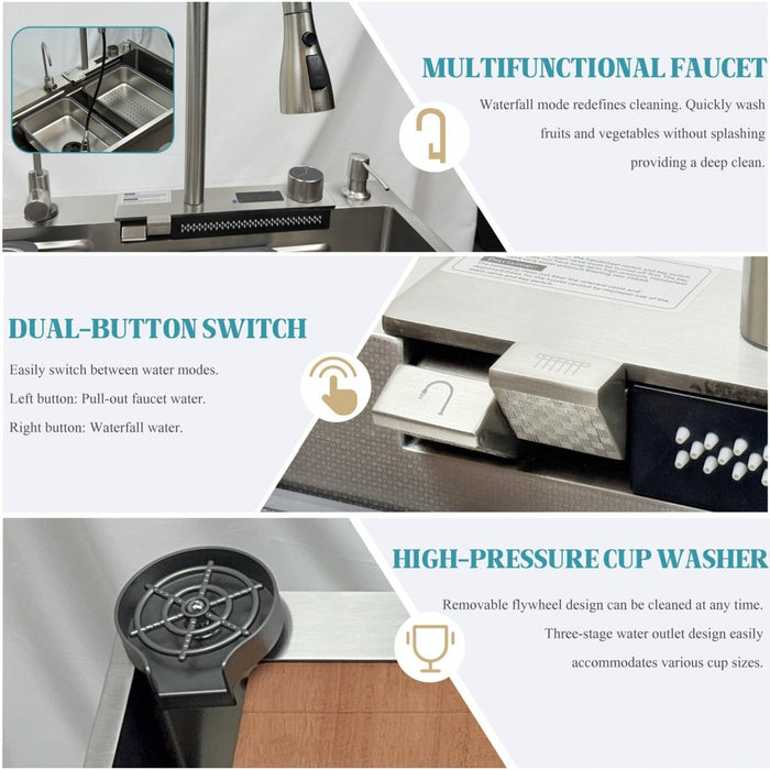 Waterfall Workstation Kitchen Sink with Digital Display & Pull-Out Faucet - Modura Sinks