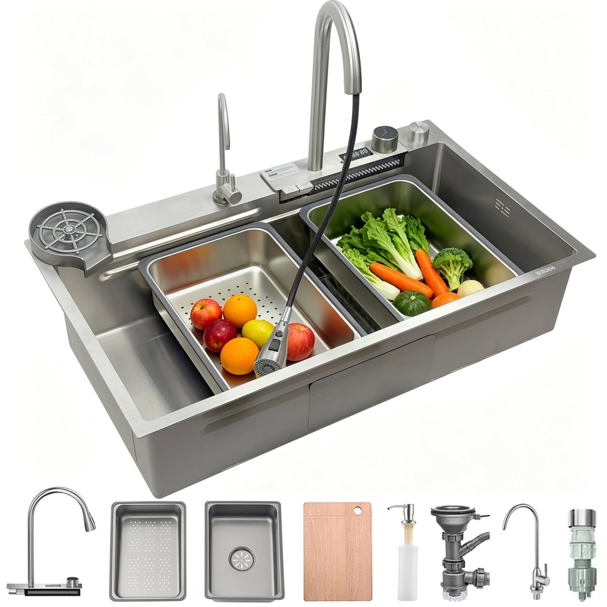 Waterfall Workstation Kitchen Sink with Digital Display & Pull-Out Faucet - Modura Sinks