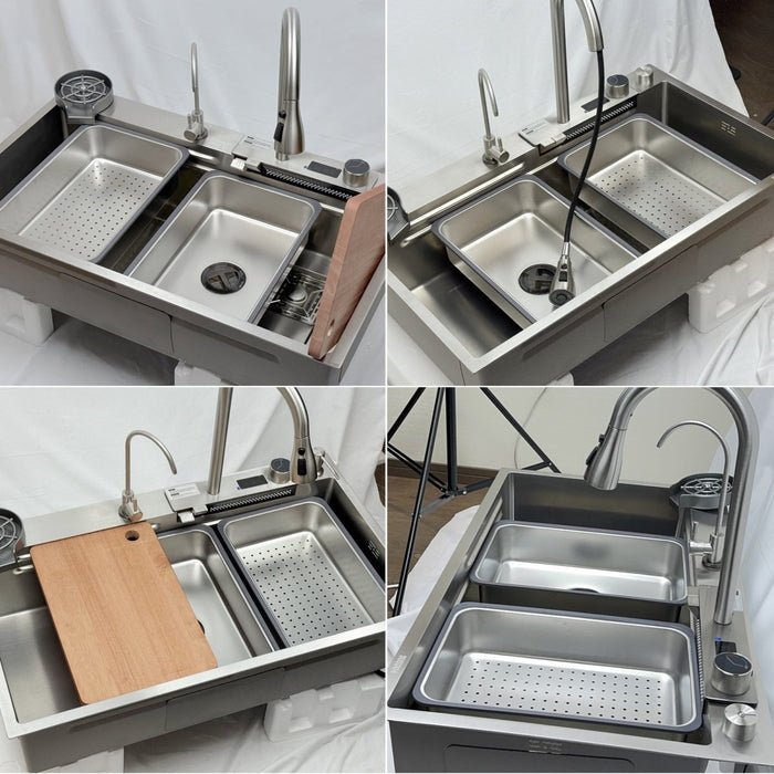 Waterfall Workstation Kitchen Sink with Digital Display & Pull-Out Faucet - Modura Sinks