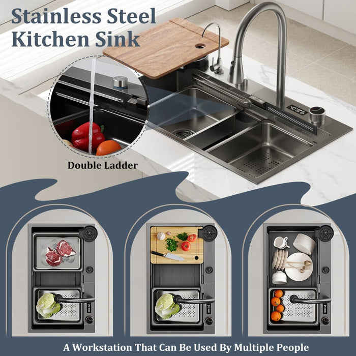 Waterfall Workstation Kitchen Sink with Digital Display & Pull-Out Faucet - Modura Sinks